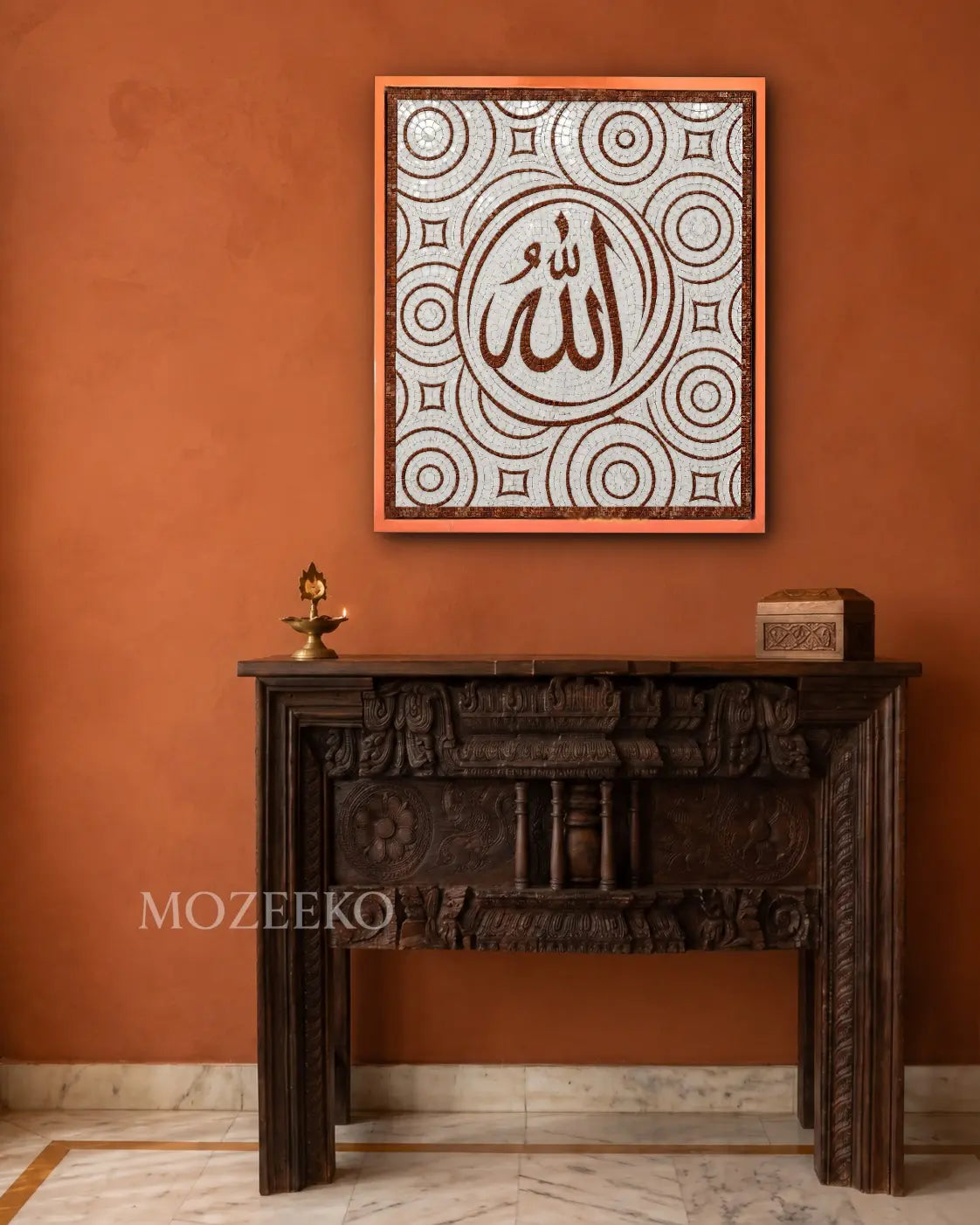 Allah Islamic marble mosaic wall art surrounded by brown-and-white circular geometric patterns.