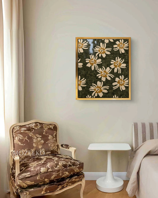 Beige flowers marble mosaic wall art with a deep-green background displayed in an elegant bedroom.
