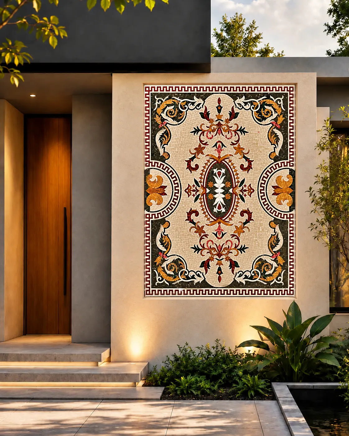 Ornamental marble mosaic with a cream background, central oval medallion, floral scrollwork and red geometric border, shown in an entrance wall mockup.