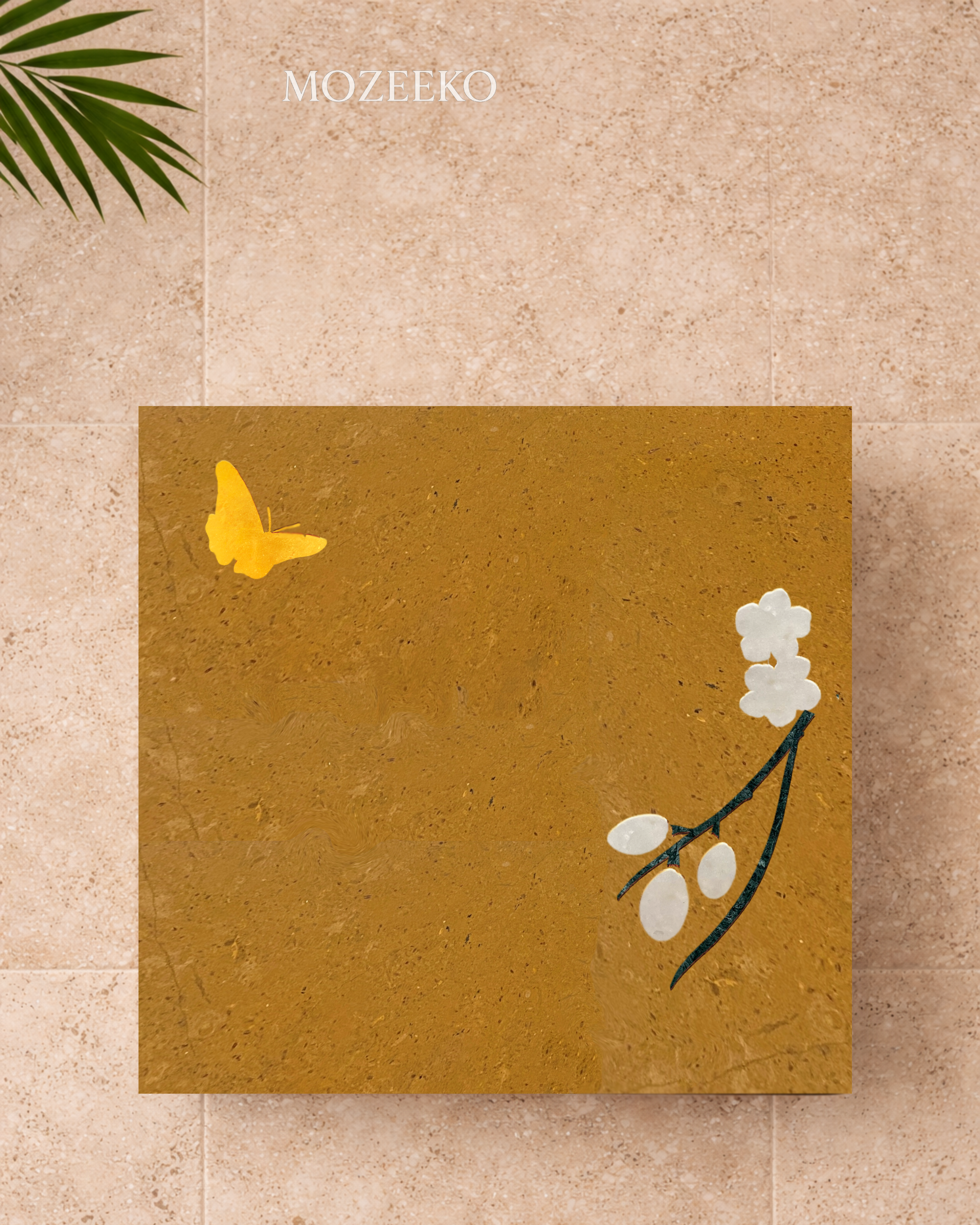 Golden marble table top featuring brass butterfly with white stone flowers and Indian green marble branches