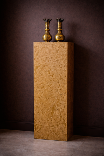 Front view of Desert Gold marble plinth with polished finish, featuring mitered corners and a clean architectural form