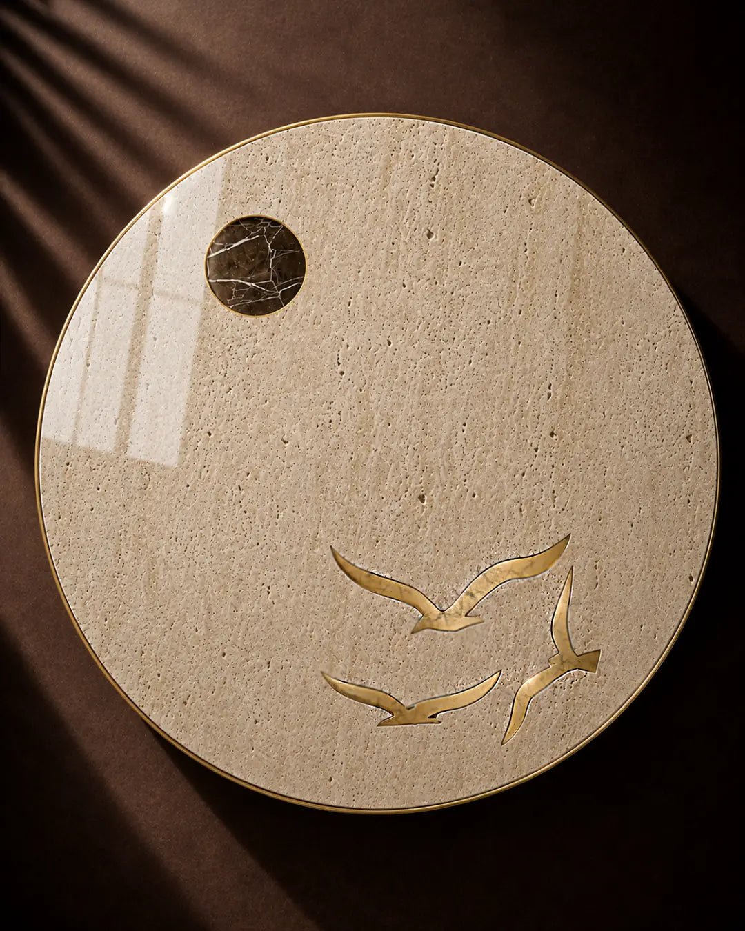 Round travertine marble table top with brass birds and black gold marble sun inlay