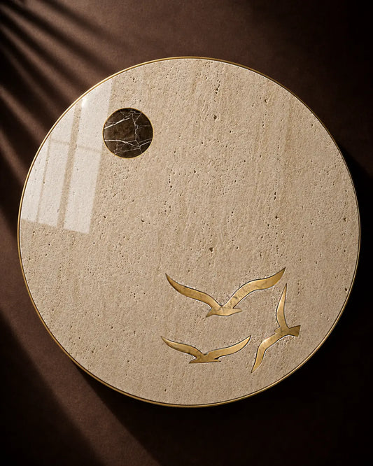 Round travertine marble table top with brass birds and black gold marble sun inlay