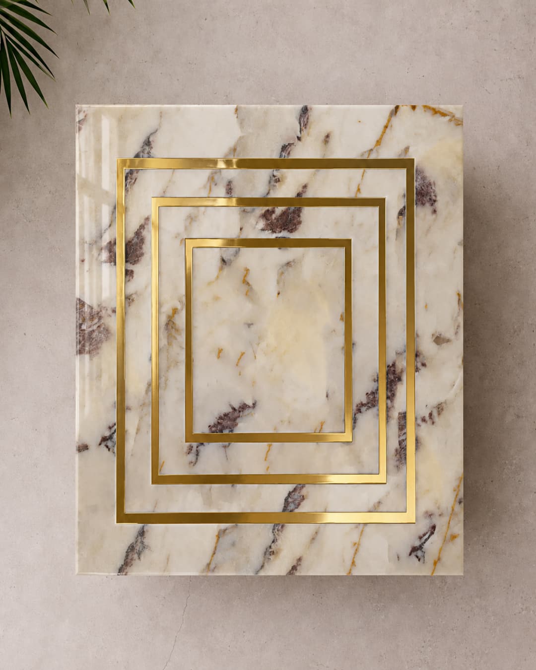 Red and white marble table top with triple brass inlay rectangular design