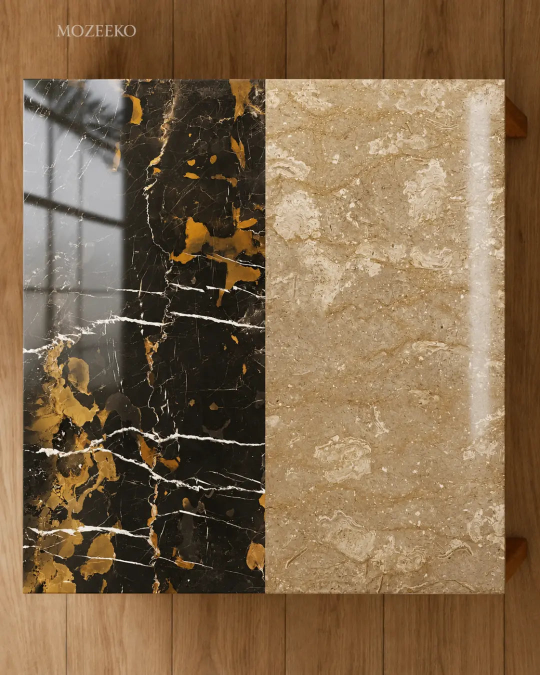 Custom linear marble tabletop with bullnose edge by Mozeeko