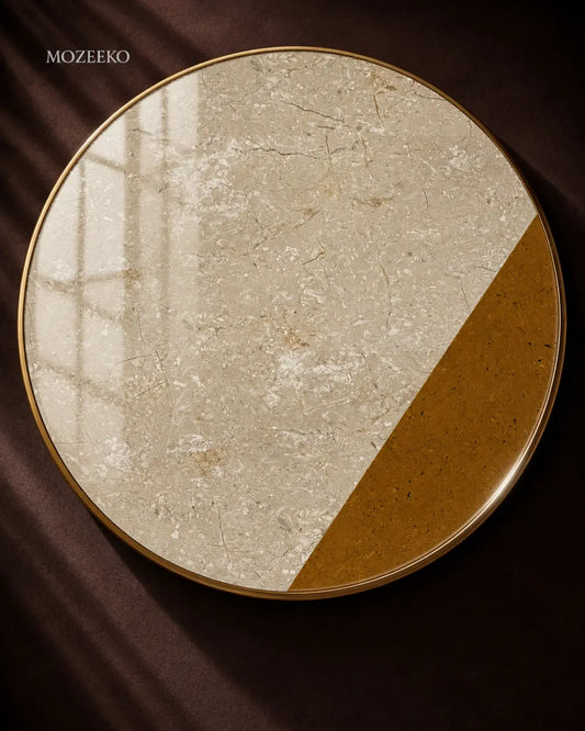 Round marble table top in Botticino Cream and Golden marble with diagonal design and brass rim