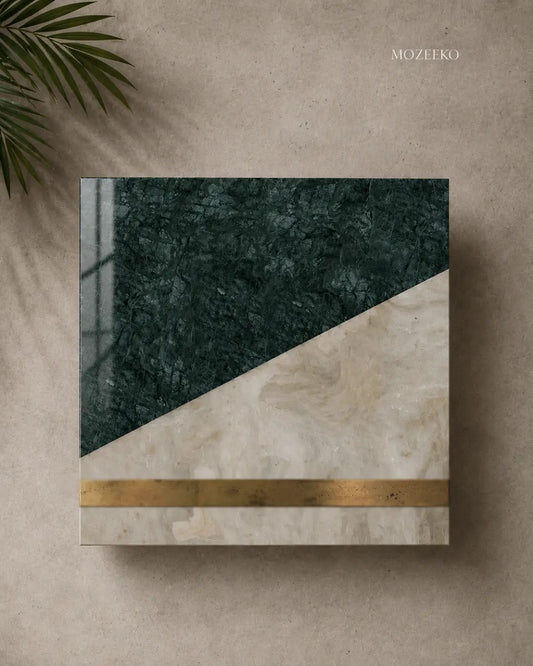 Geometric marble table top in Kamoor White and Indian Green with brass inlay by Mozeeko