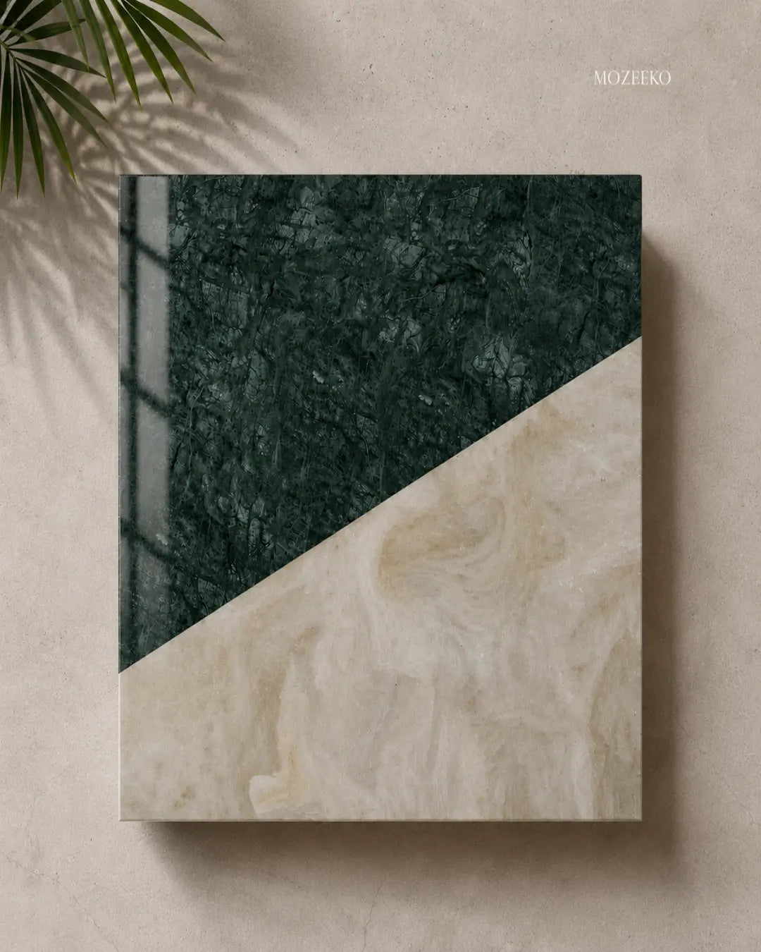 Rectangular marble table top with indian green and kamoor white in a linear diagonal design