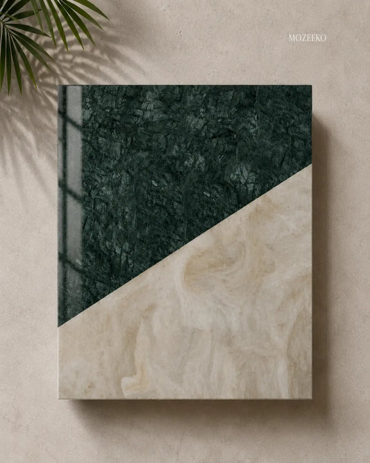 Rectangular marble table top with indian green and kamoor white in a linear diagonal design