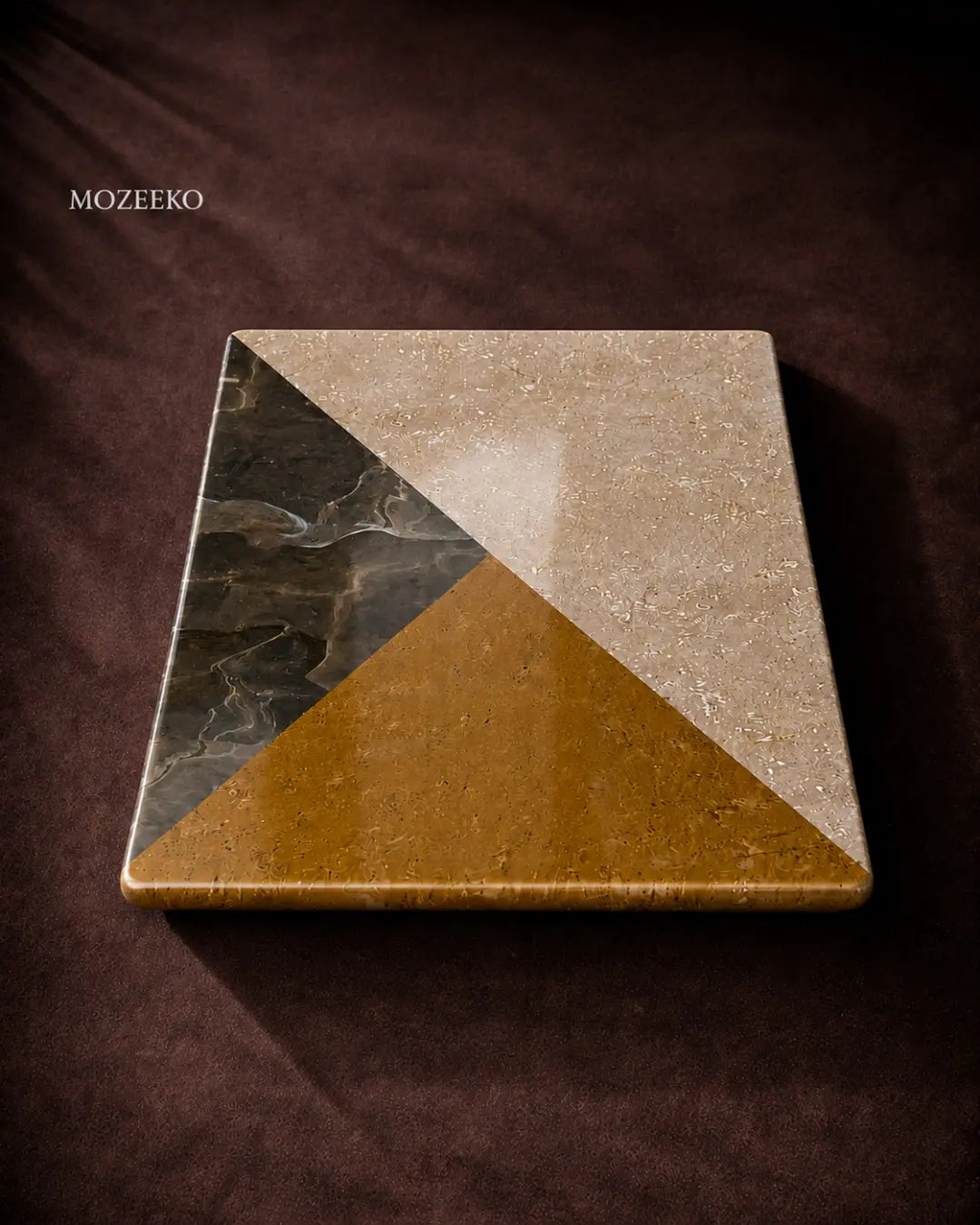 Rectangular marble table top with three-triangle geometric design in golden, coffee brown, and Botticino cream marble