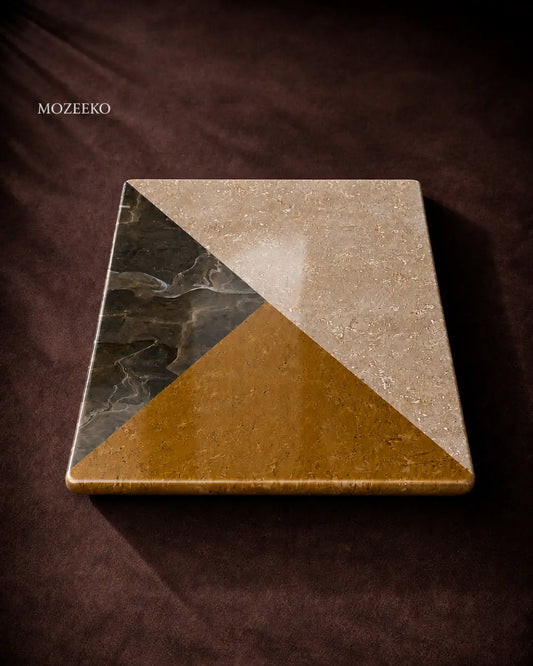 Rectangular marble table top with three-triangle geometric design in golden, coffee brown, and Botticino cream marble