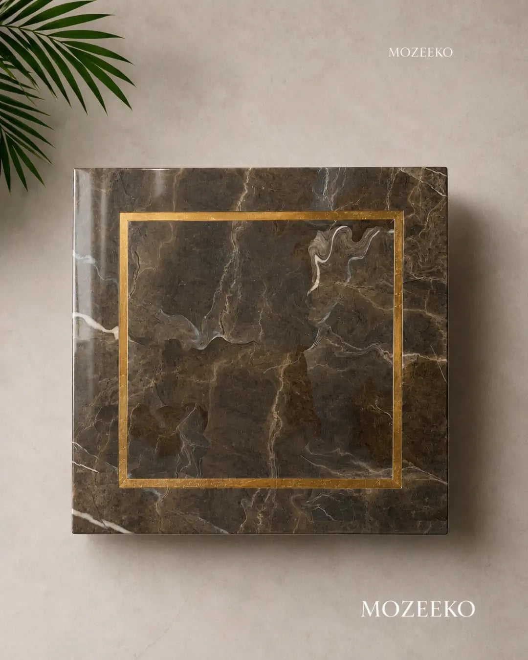 Coffee brown marble table top with half-inch brass strip inlay by Mozeeko