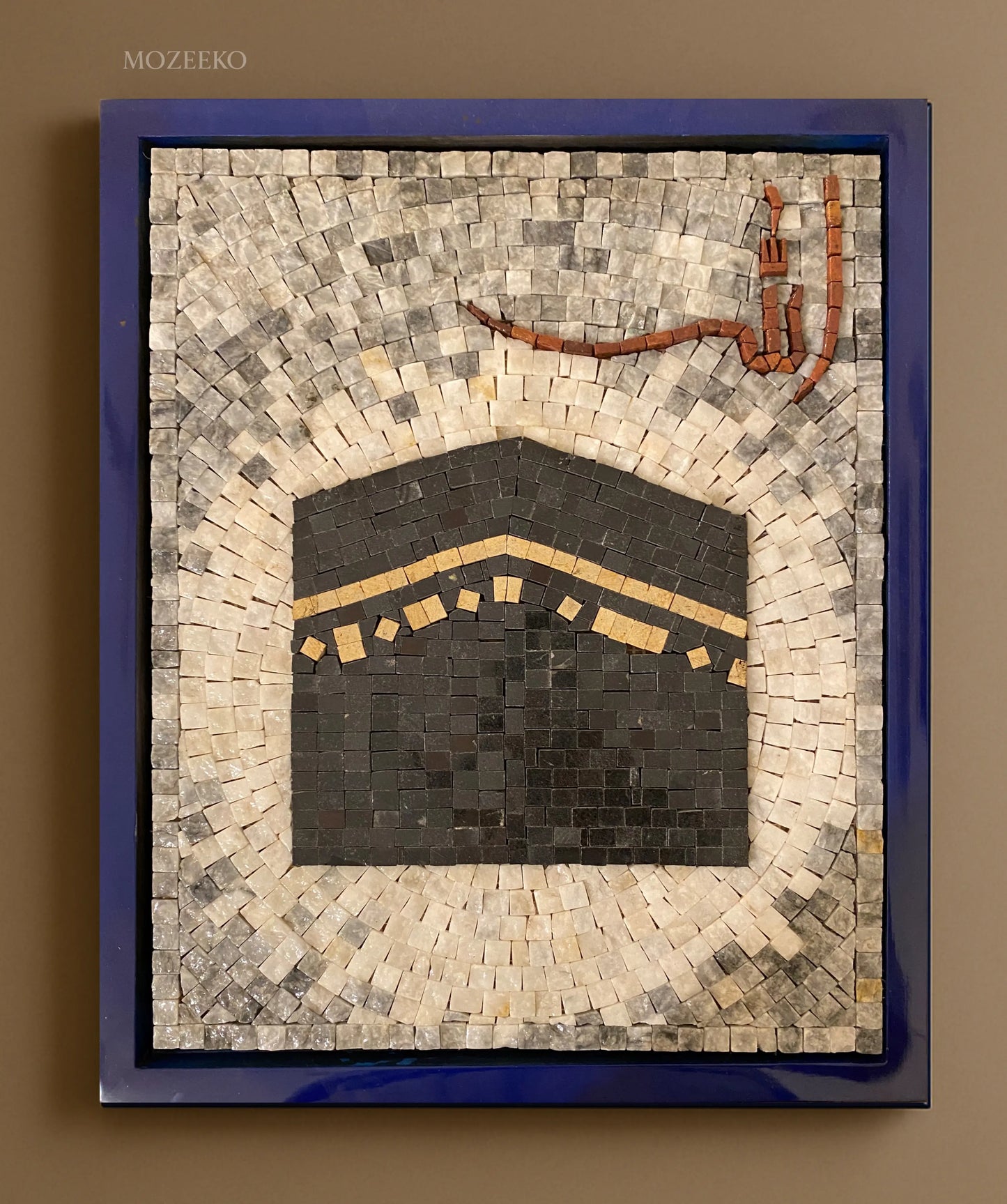 Handmade marble mosaic of Kaaba with “Allah” Arabic calligraphy, framed in deep blue PU paint — Mozeeko Ashna Collection.