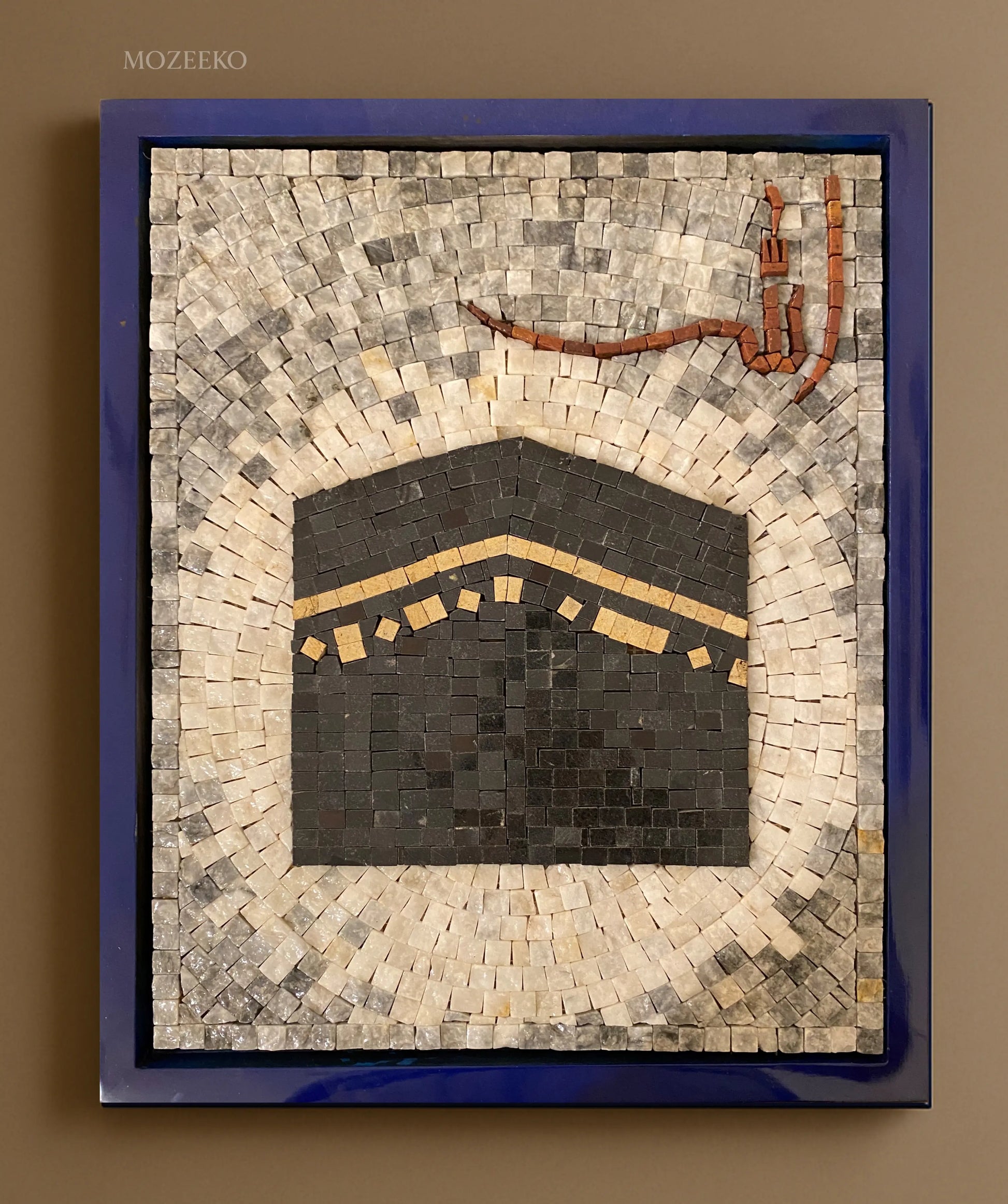 Handmade marble mosaic of Kaaba with “Allah” Arabic calligraphy, framed in deep blue PU paint — Mozeeko Ashna Collection.