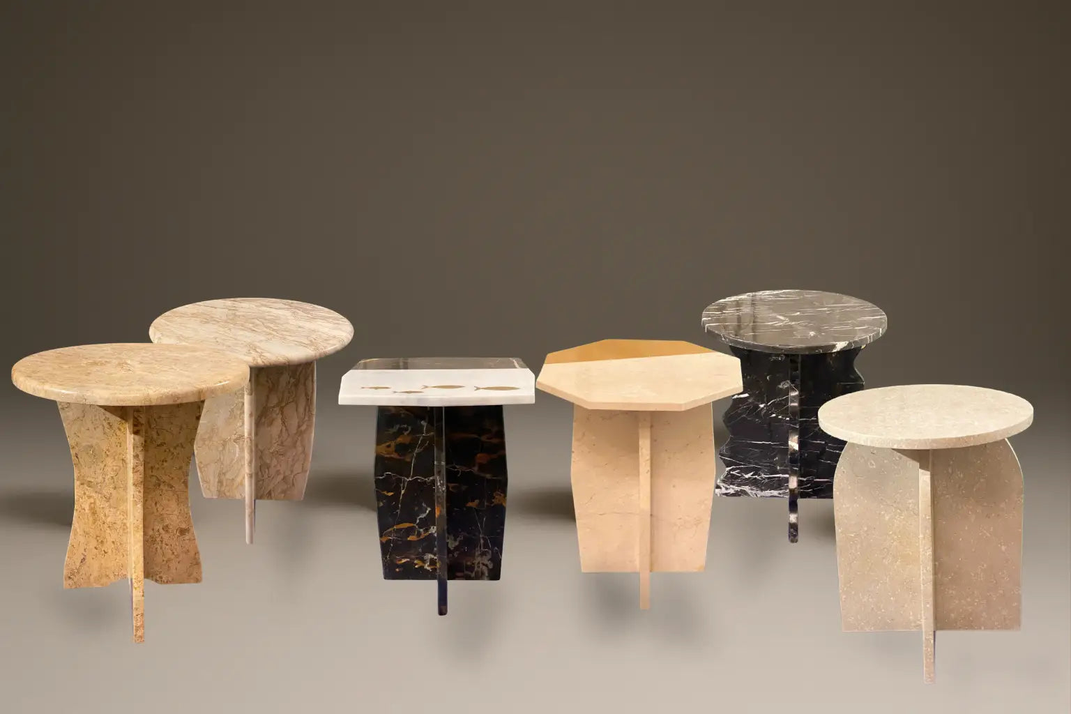 Coffee & Accent Tables by Mozeeko – a collection of handcrafted marble tables featuring round, square, and octagonal tops in cream, golden, black, and beige stones, blending marble artistry with functional design for modern interiors.