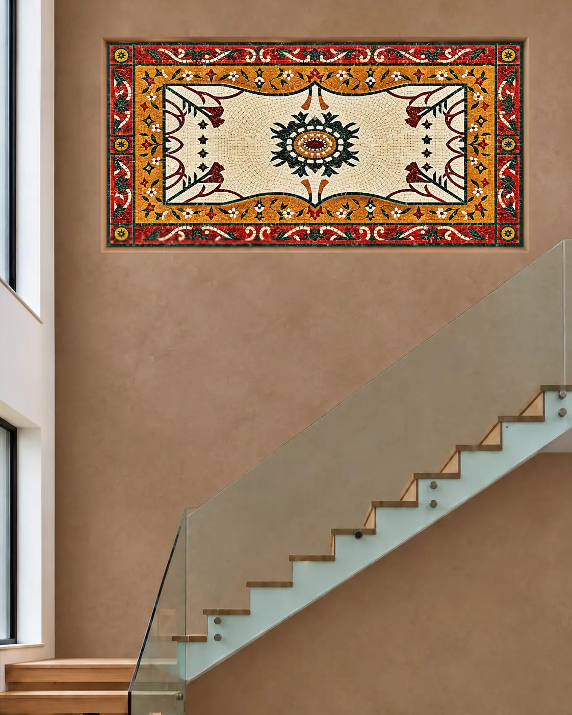 Floral medallion marble mosaic with a cream centre and red, golden and green ornamental borders, shown in a staircase wall mockup.
