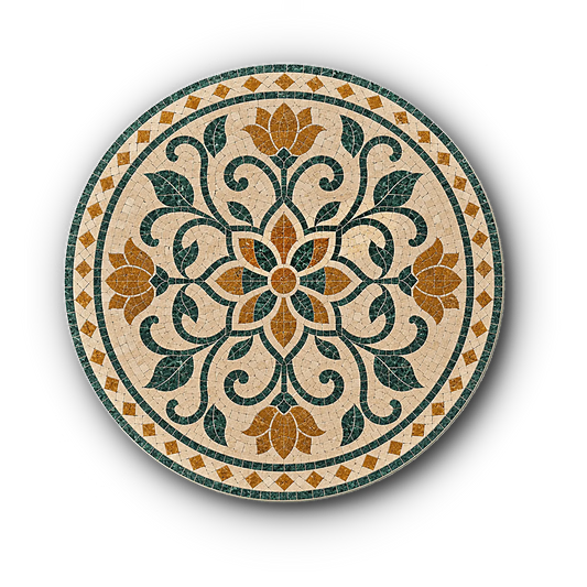 4 × 4 ft floral mosaic medallion handcrafted in natural Pak Green and Golden marble tesserae
