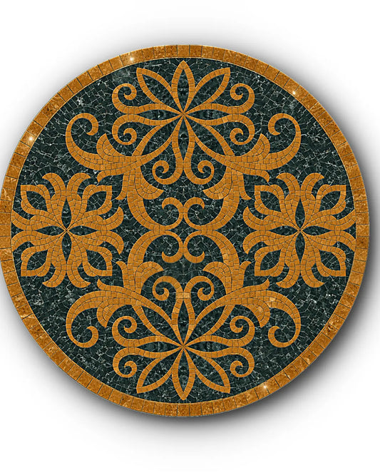 Round 4 × 4 ft floral mosaic medallion handcrafted in Pak Green and Golden marble tesserae