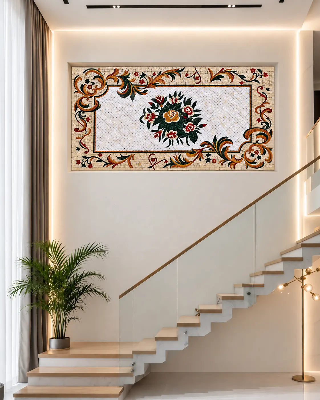 Rectangular marble mosaic with a central floral bouquet, white background and cream border with golden, green and red scrollwork, shown in a staircase wall mockup.