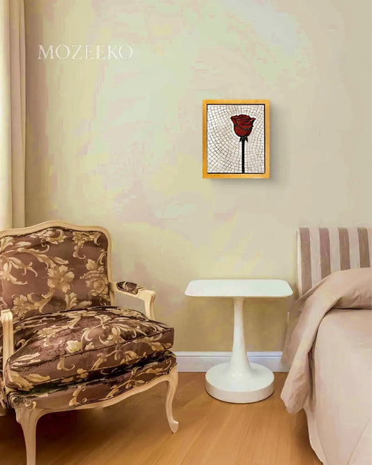 Small red rose marble mosaic wall art displayed in an elegant bedroom.