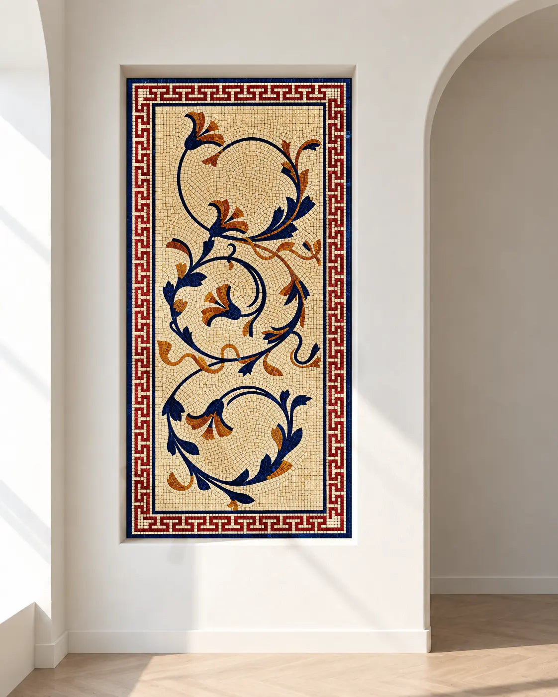 Tall marble mosaic with blue and golden floral scrolls on a cream background, framed by a red and cream Greek key border, shown in a sunlit wall niche mockup.