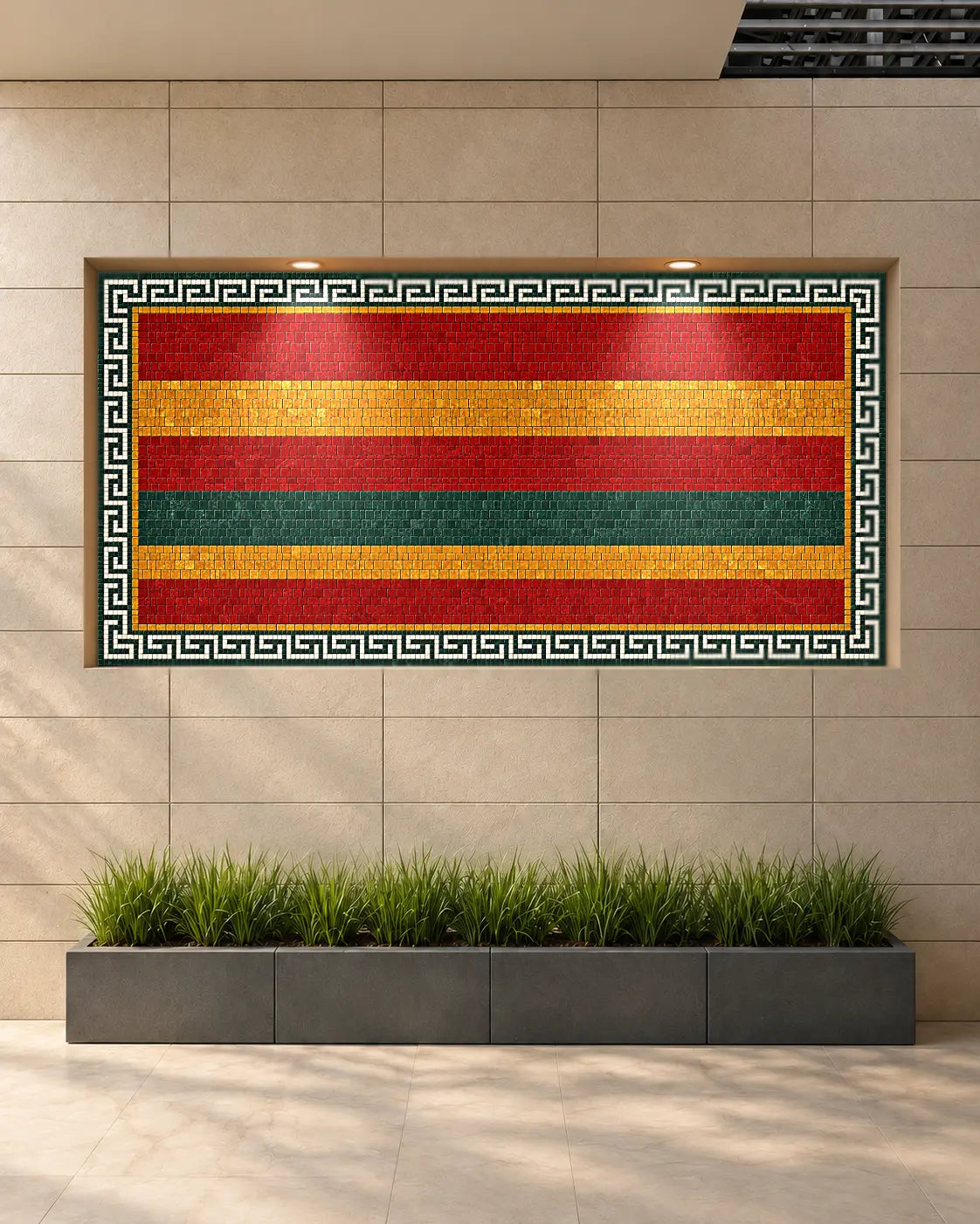 Ornamental marble mosaic with a cream background, central oval medallion, floral scrollwork and red geometric border, shown in an entrance wall mockup.