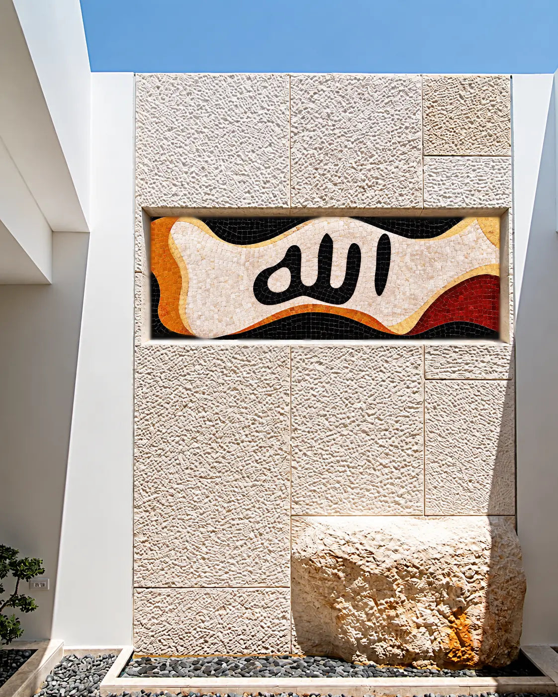 Black Allah calligraphy on a flowing cream marble mosaic band with golden, red and black accents, shown in an exterior wall niche mockup.