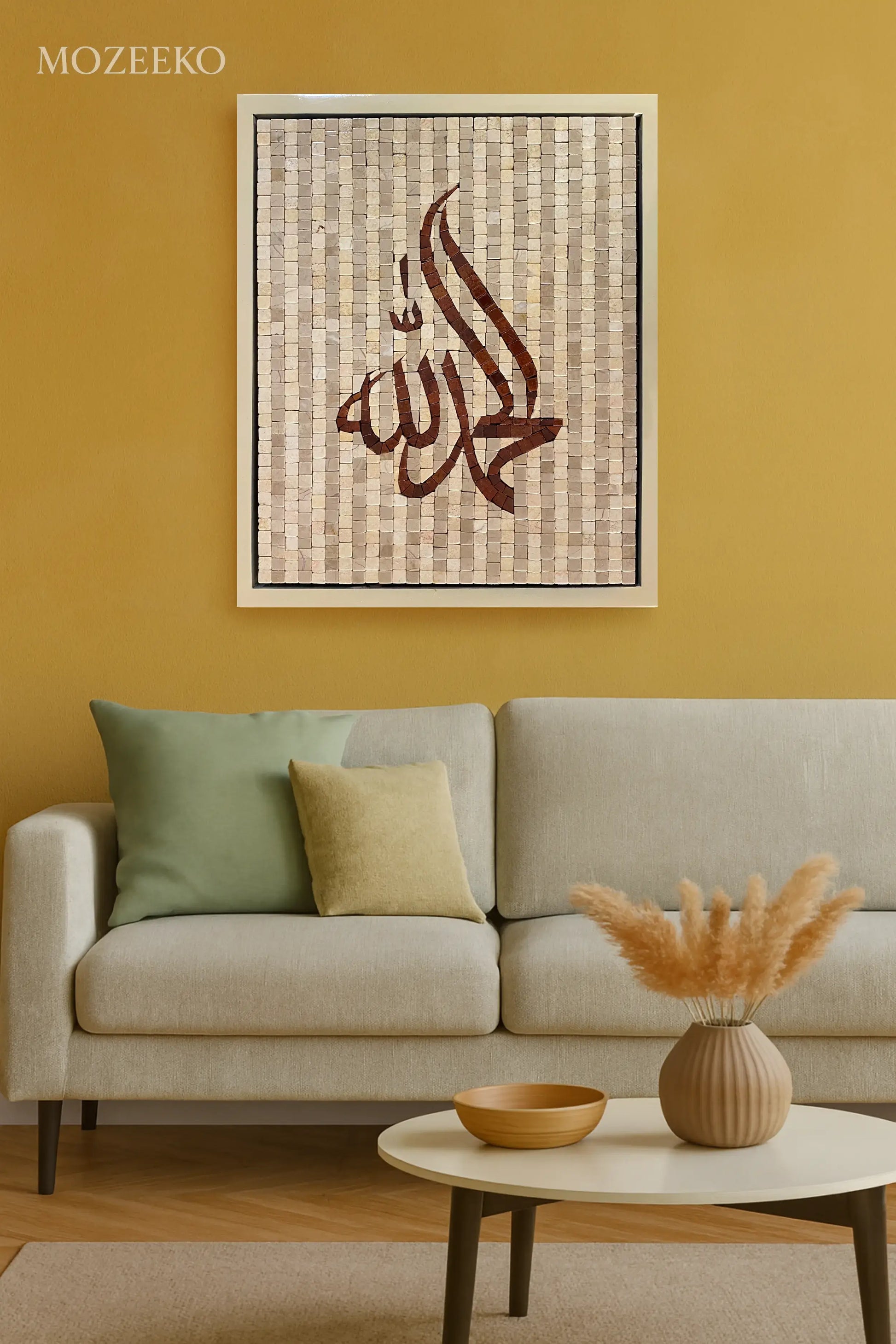 Alhamdulillah handmade marble mosaic wall art displayed above a beige sofa — Mozeeko Ashna Collection