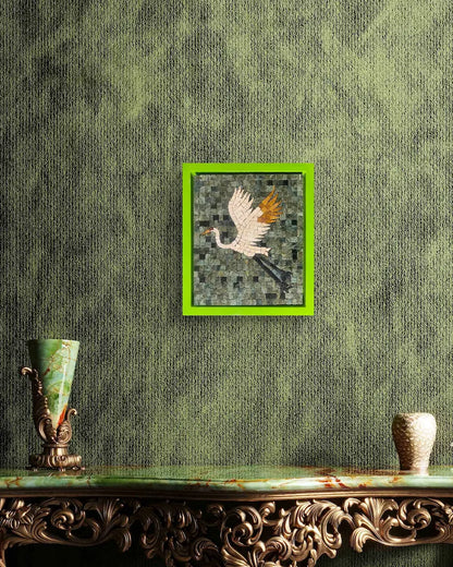 Flight Over Emerald – marble mosaic wall art (Jungle Green, Boticina Cream, Golden, Jet Black) displayed in lime green frame, NIA Collection by Mozeeko