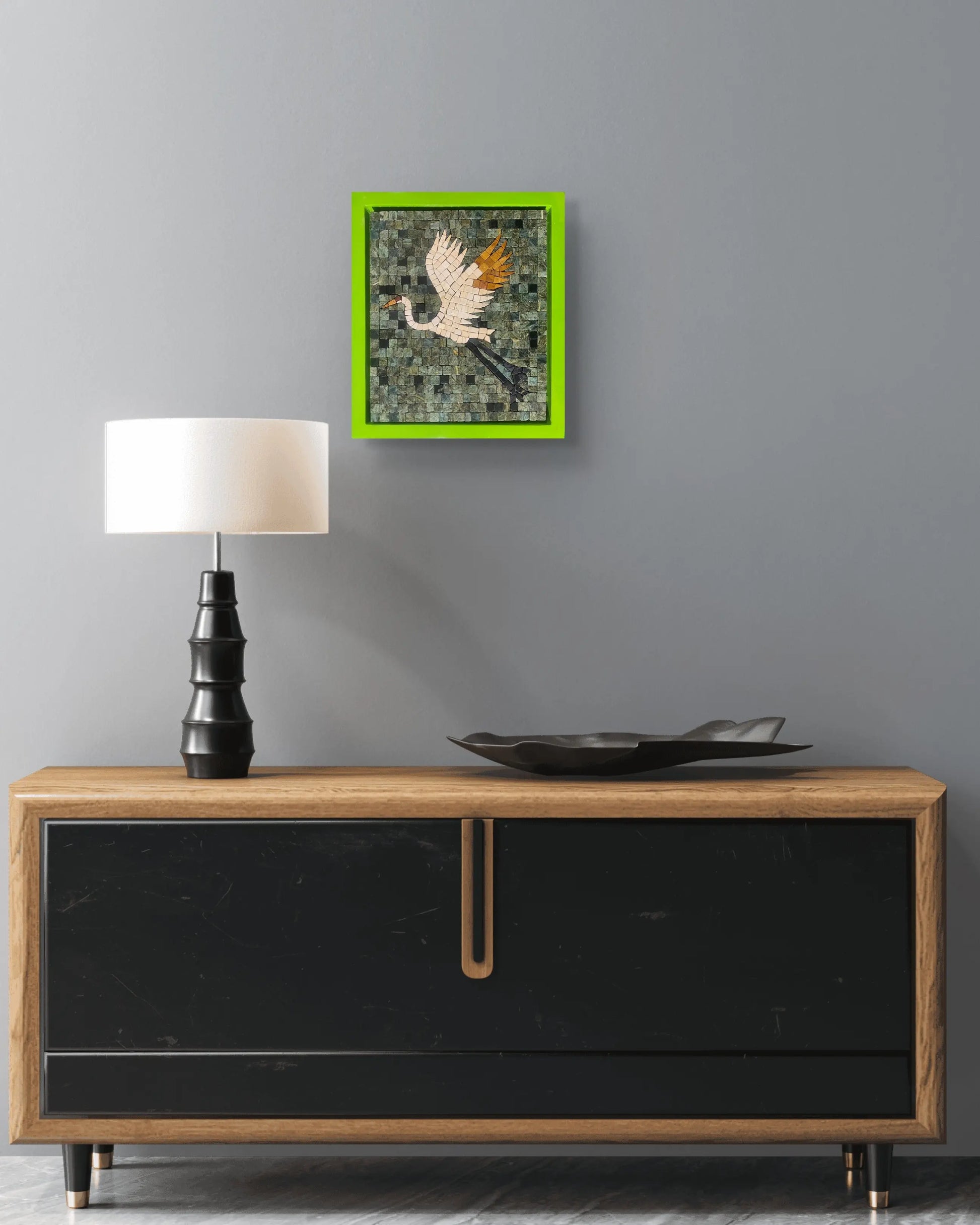 Flight Over Emerald – marble mosaic wall art (Jungle Green, Boticina Cream, Golden, Jet Black) displayed in lime green frame, NIA Collection by Mozeeko