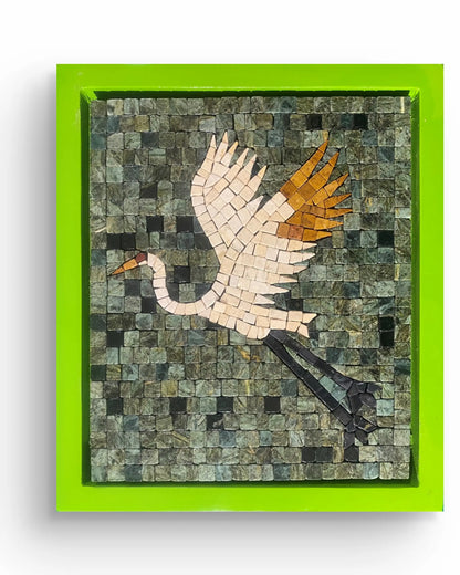 Flight Over Emerald – marble mosaic wall art (Jungle Green, Boticina Cream, Golden, Jet Black) displayed in lime green frame, NIA Collection by Mozeeko6