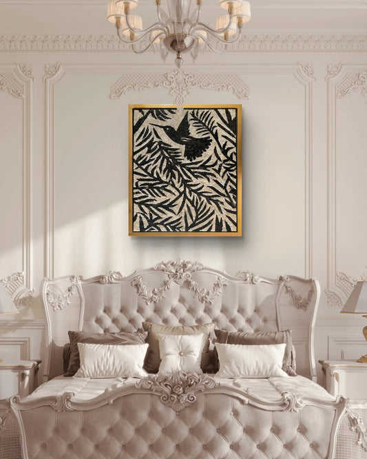 Handcrafted monochrome marble mosaic bird in flight Mozeeko Atelier2