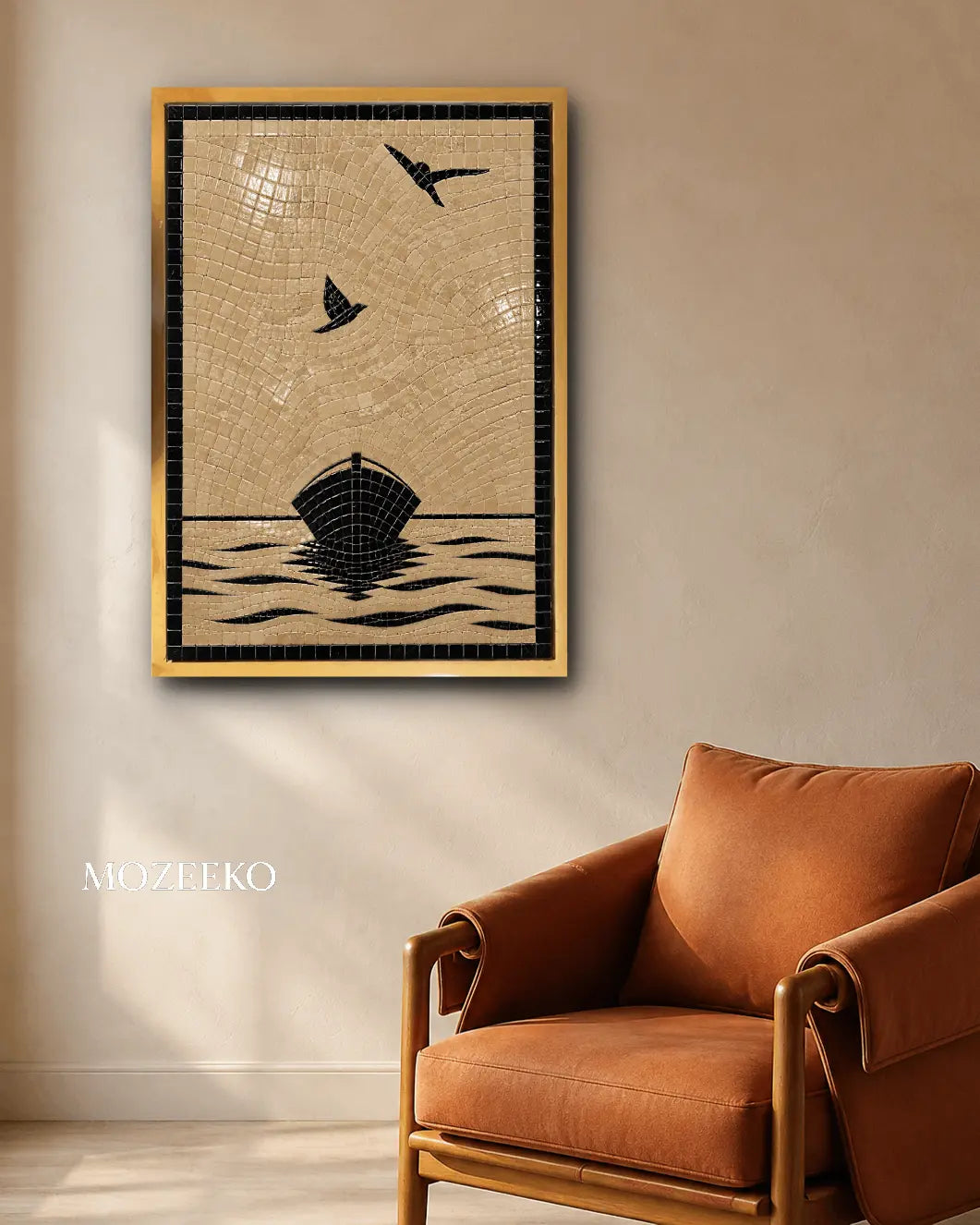 Handcrafted black and cream marble mosaic wall art featuring birds, a sailboat and flowing waves