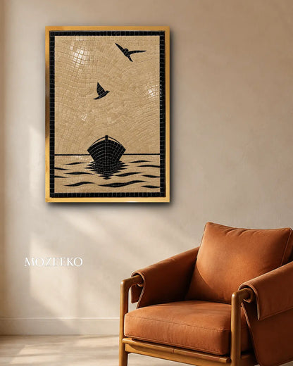 Handcrafted black and cream marble mosaic wall art featuring birds, a sailboat and flowing waves