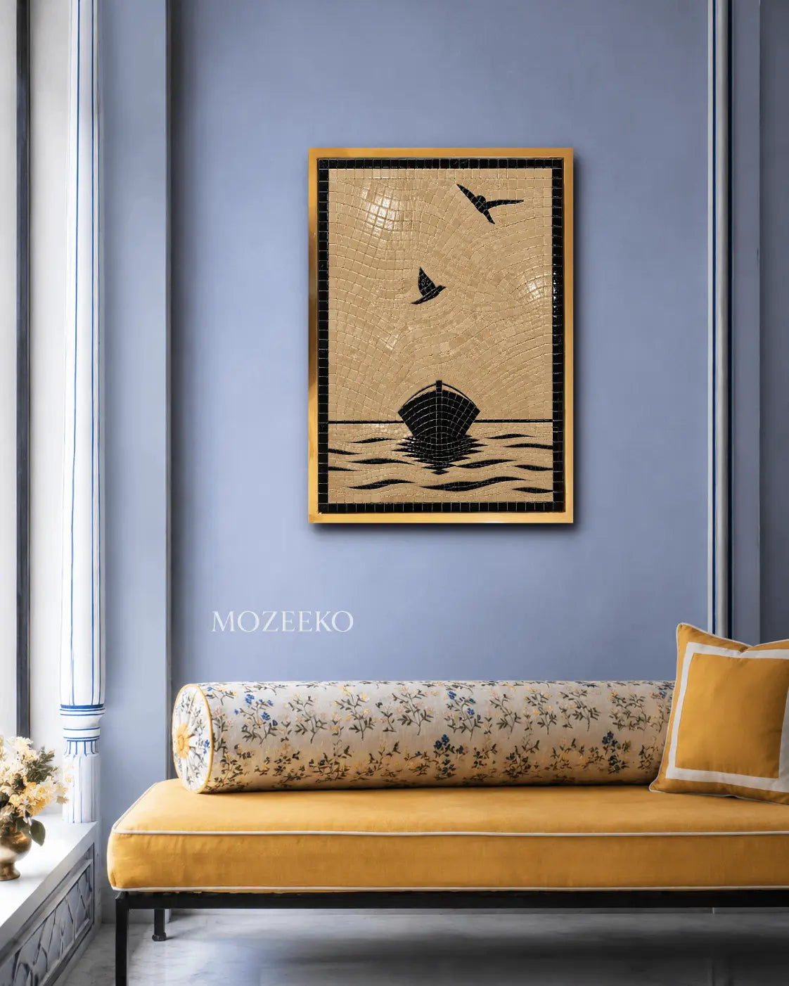 Black Birds and Sailboat marble mosaic wall art displayed in a warm contemporary living room by Mozeeko