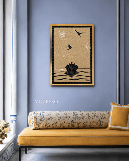 Black Birds and Sailboat marble mosaic wall art displayed in a warm contemporary living room by Mozeeko