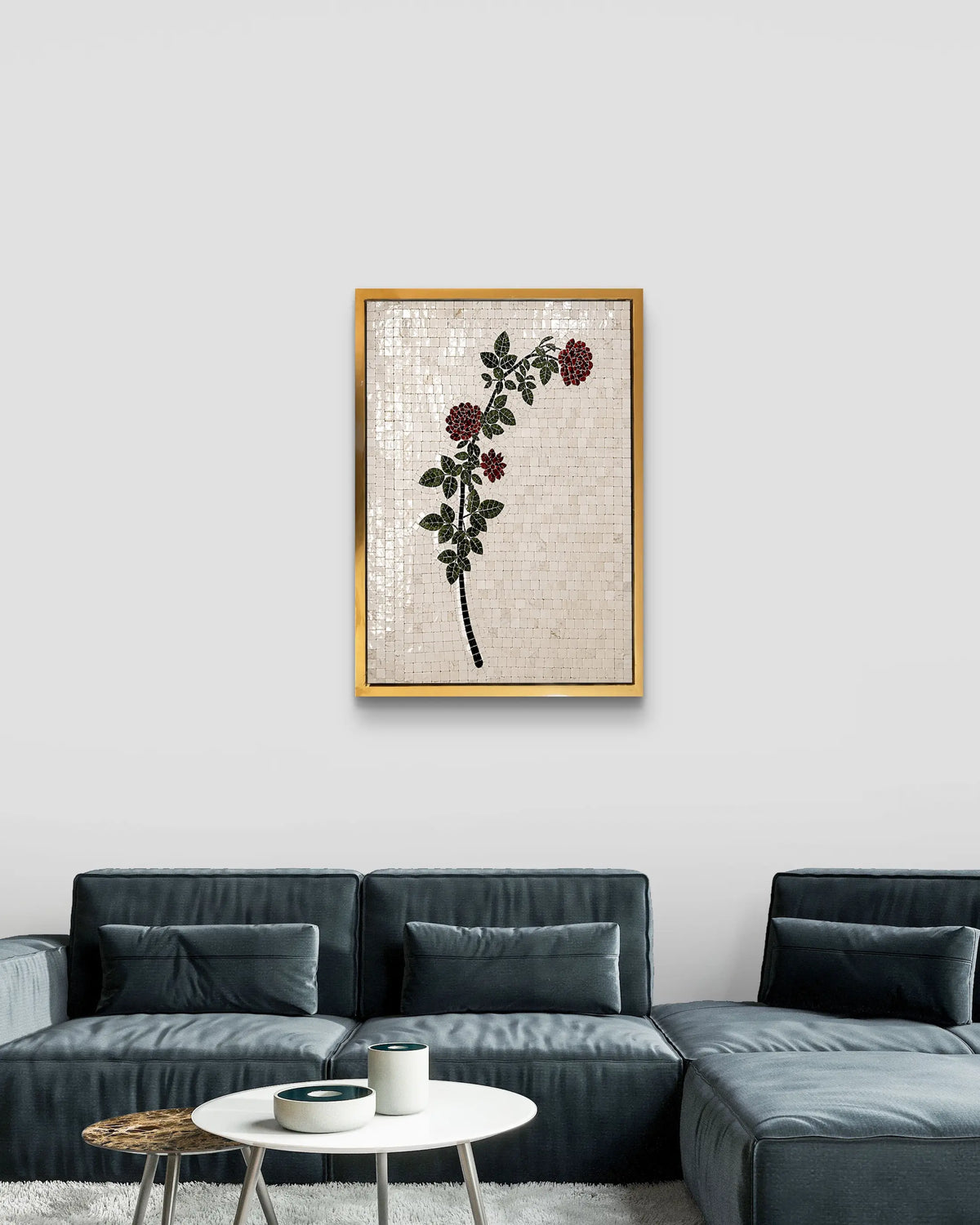 roses floral marble mosaic wall art displayed above a contemporary grey sofa.