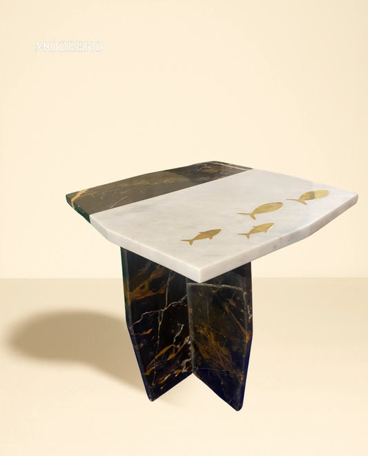Brass Fish Inlay Marble Accent Table – Ziarat White & Black Gold Segmented Top | Mozeeko