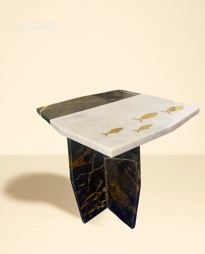 Brass Fish Inlay Marble Accent Table – Ziarat White & Black Gold Segmented Top | Mozeeko