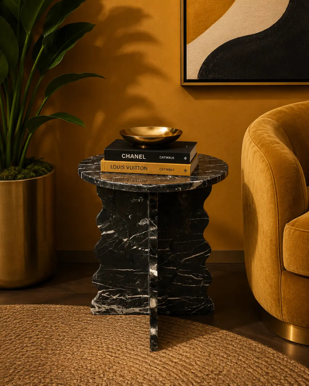 Black & Gold marble accent table with 15.75-inch round top and sculptural wavy base, handcrafted by Mozeeko.