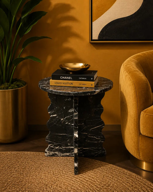 Black & Gold marble accent table with 15.75-inch round top and sculptural wavy base, handcrafted by Mozeeko.