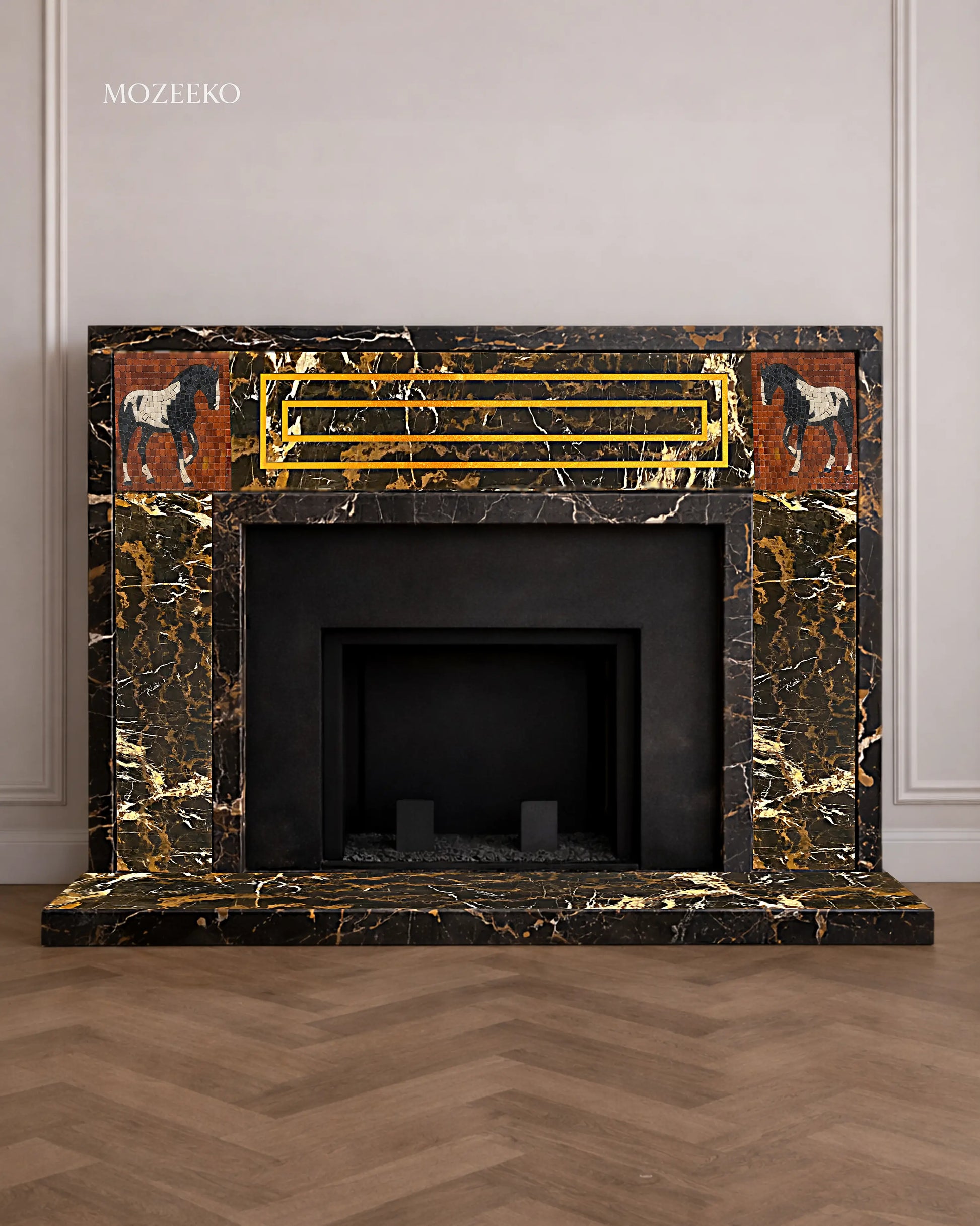 French-style black and gold marble fireplace featuring brass strip inlays and handcrafted horse mosaic panels, designed as a luxury architectural centerpiece by Mozeeko.
