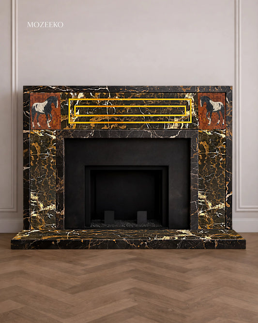 French-style black and gold marble fireplace featuring brass strip inlays and handcrafted horse mosaic panels, designed as a luxury architectural centerpiece by Mozeeko.