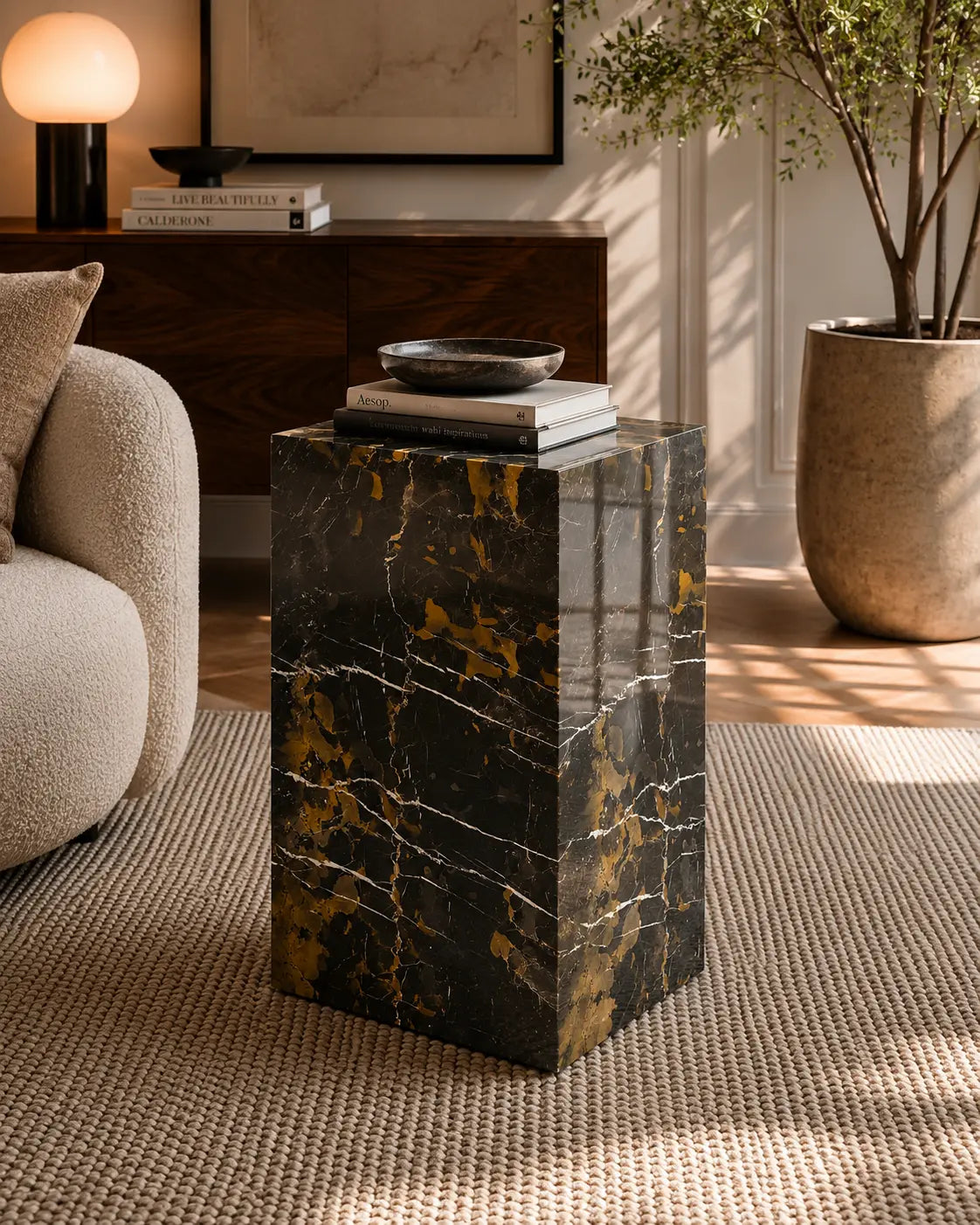 Black and gold marble plinth with polished finish, mitered corners, styled as an accent pedestal