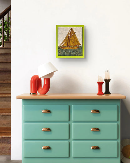Sail of Dawn – marble mosaic wall art (Super White, Jungle Green, Golden, Red Golden) displayed in lime green frame in interior setting (NIA Collection by Mozeeko)