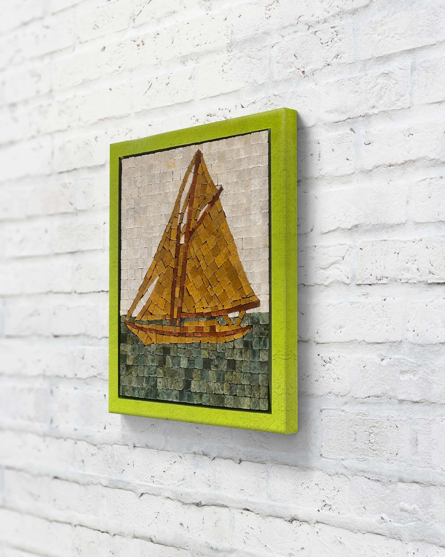 Sail of Dawn – marble mosaic wall art (Super White, Jungle Green, Golden, Red Golden) displayed in lime green frame in interior setting (NIA Collection by Mozeeko)-sideview