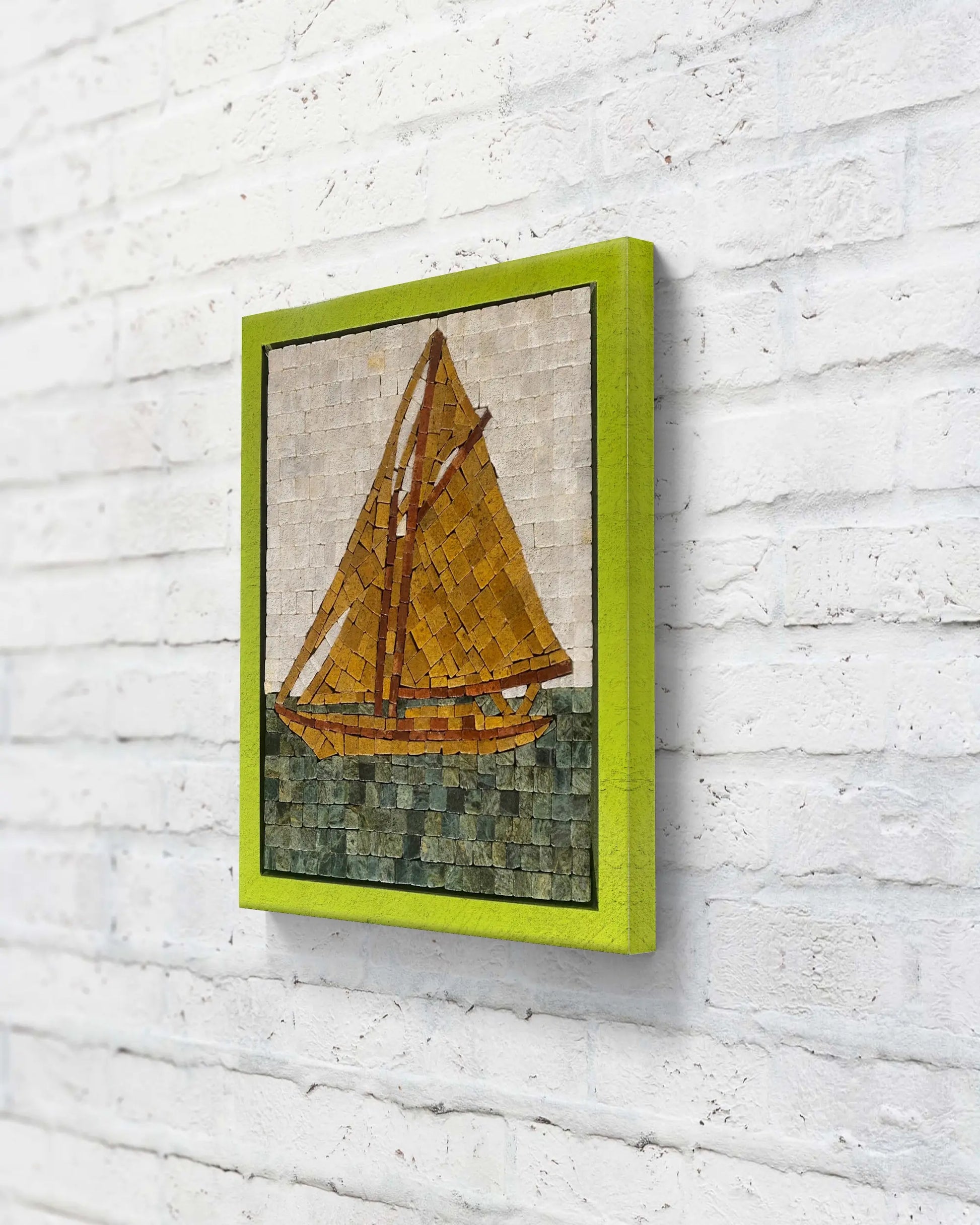 Sail of Dawn – marble mosaic wall art (Super White, Jungle Green, Golden, Red Golden) displayed in lime green frame in interior setting (NIA Collection by Mozeeko)-sideview