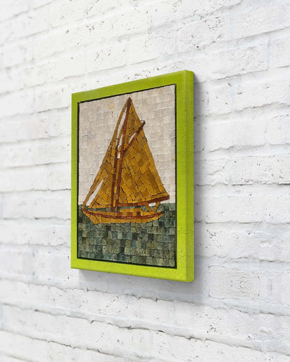 Sail of Dawn – marble mosaic wall art (Super White, Jungle Green, Golden, Red Golden) displayed in lime green frame in interior setting (NIA Collection by Mozeeko)-sideview