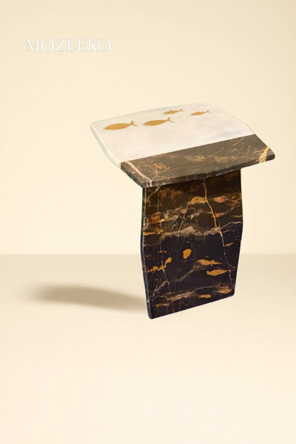 Brass Fish Inlay Marble Accent Table – Ziarat White & Black Gold Segmented Top | Mozeeko