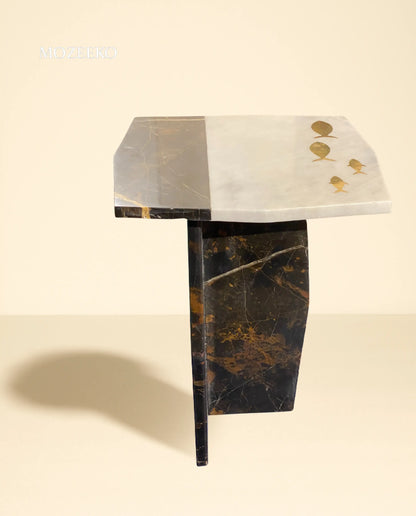 Brass Fish Inlay Marble Accent Table – Ziarat White & Black Gold Segmented Top | Mozeeko